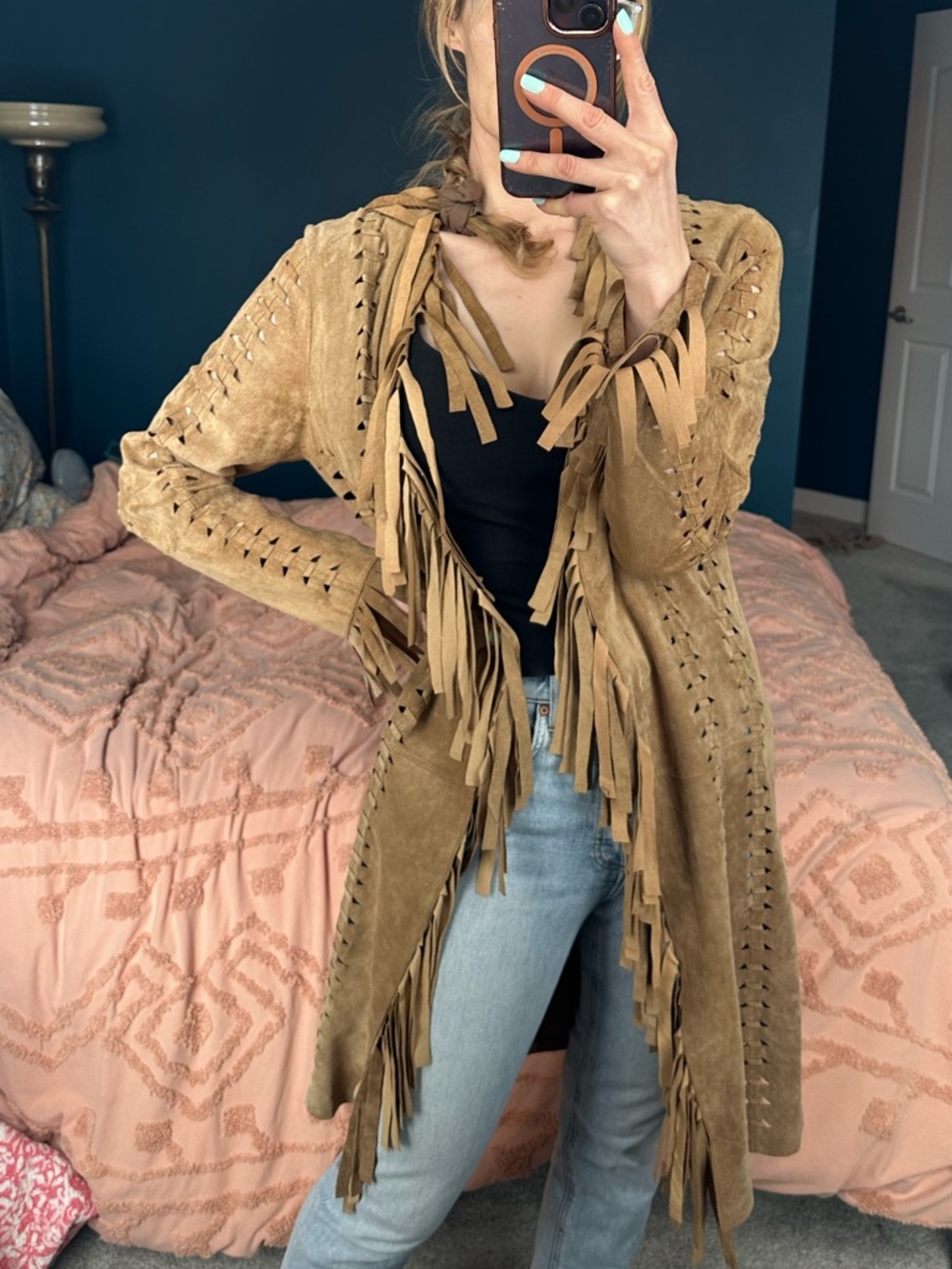 Fringed vintage Suede Leather Open Front Leather Jacket - Tan